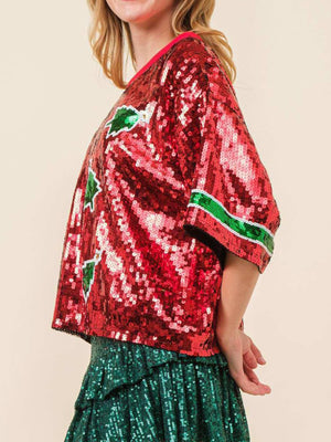 Sequin Christmas tree tee in red with green trim on sleeves and neckline.