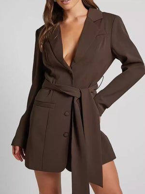 Chic tie-waist blazer dress in coffee brown with button front and lapel detail.