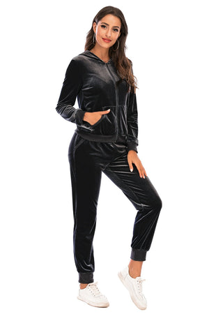 Velvet loungewear set in charcoal with zip-up hoodie and jogger pants.