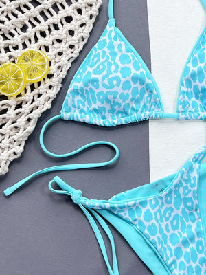 Aqua leopard print tie-side bikini set with adjustable straps and tie details.