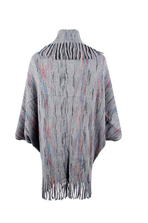 Textured knit cape in charcoal with colorful stripes and fringe trim at neckline and hem.