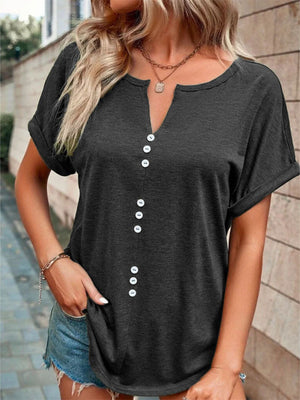 Buttoned V-neck short sleeve t-shirt in dark gray with decorative white buttons.
