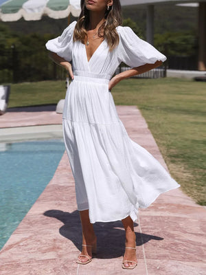 Elegant Puff Sleeve V-neck Midi Dress in Black, view 18