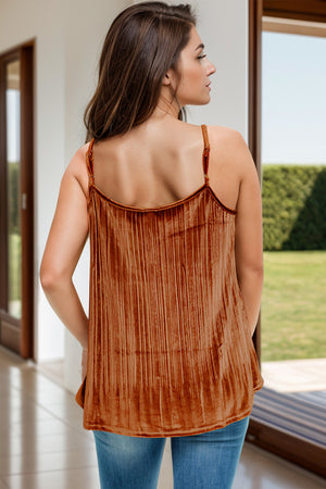 Terracotta velvet cami with vertical pleats and adjustable straps.