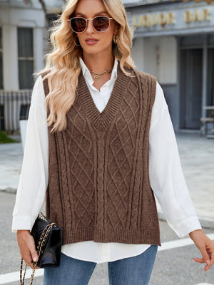 Brown cable knit V-neck sweater vest with diamond pattern detail.