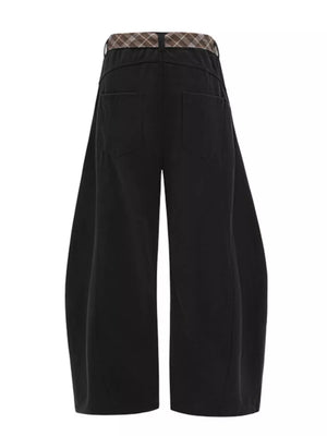 Black plaid strap wide-leg sweatpants with back pockets.