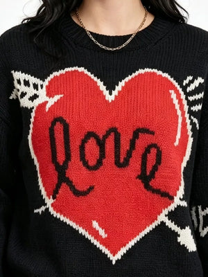 Heart Round Neck Ribbed Sweater in Pink, back view