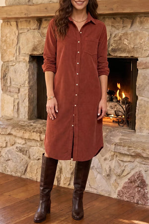 Long Sleeve Button Down Corduroy Midi Dress in Rust, front view