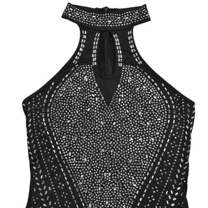 Black halter neck romper with rhinestone embellishments and keyhole cutout.