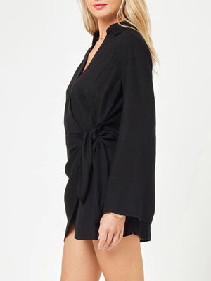 Chic black cotton blend long sleeve wrap cover-up dress with tie detail.