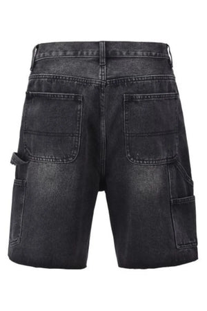 Panelled carpenter denim shorts in dark wash with utility pockets and a relaxed fit.