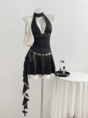 Polka Dot Cutout Front Halter Mini Dress, front view