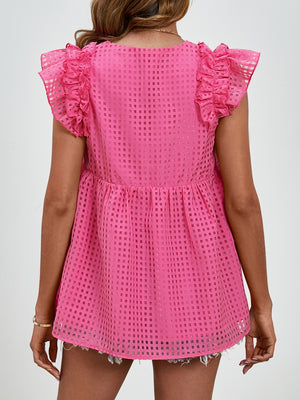 Hot Pink textured ruffle sleeve trapeze blouse with square grid pattern