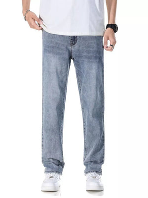 Men's Classic Straight Fit Washed Jeans in Light Blue, close-up detail