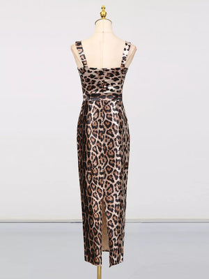 Leopard print bodycon midi dress with square neckline and thigh slit.