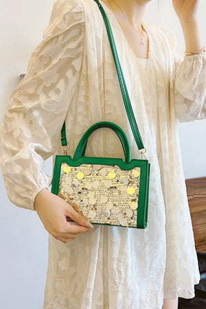 Green sequin embellished structured mini bag with gold accents