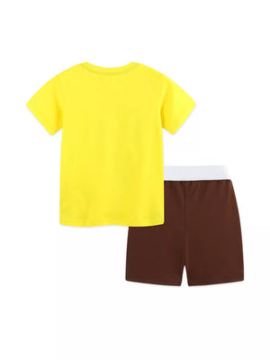 Yellow cotton t-shirt and brown shorts set with white waistband for baby boys.