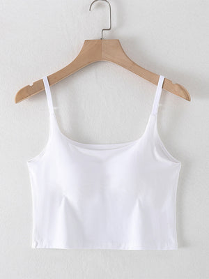 White built-in bustier crop camisole with adjustable straps and square neckline.