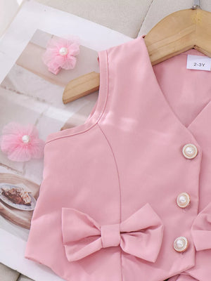 Children's Bow Button Up Vest And Skirt Set in Pink, close-up detail