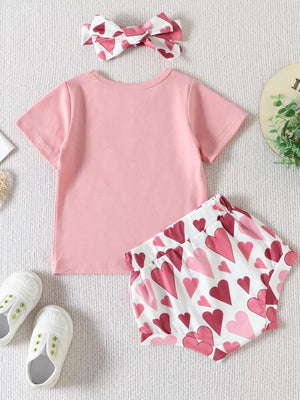 Blush pink cotton tee and heart print shorts set with matching headband.