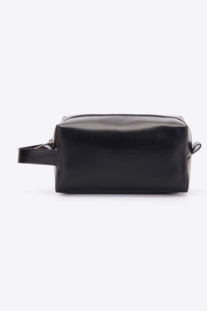 Black faux leather travel case with textured finish and carry handle