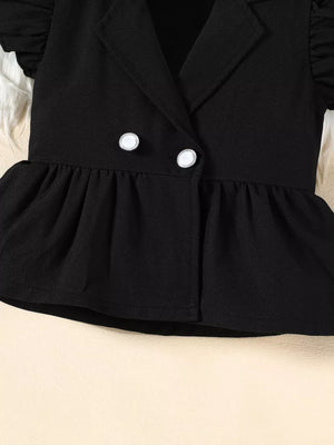 Black toddler peplum blazer with ruffle sleeves and double-breasted pearl buttons.