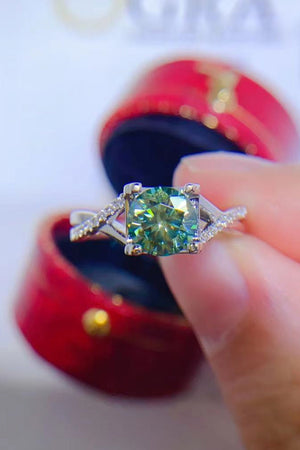 Veridian Halo Sterling Ring with light green square cut stone and diamond band.