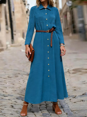 French Blue button-down maxi dress with drawstring waist and chest pockets.