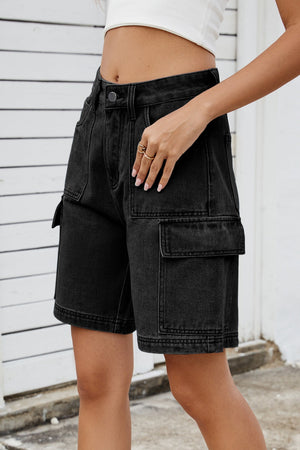 Black denim utility shorts with cargo pockets and a relaxed fit.