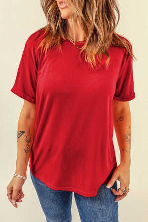 Rolled sleeve raglan tee in scarlet red with a relaxed fit.
