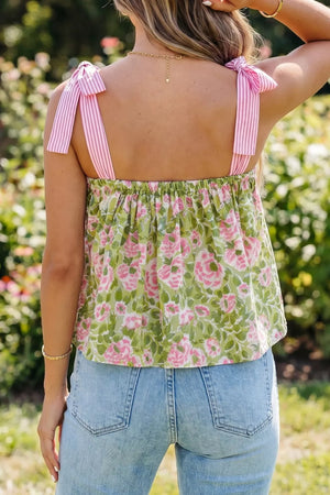 Floral camisole with tie straps and pink stripe detail