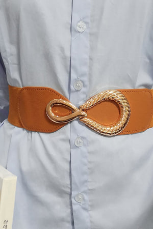 Caramel elasticated waist belt with sculpted gold alloy buckle detail.