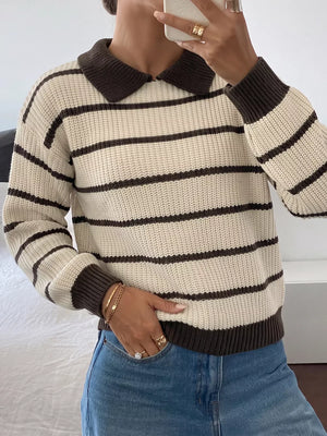 Striped Knit Polo Sweater in Tan, close-up detail