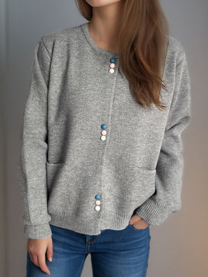 Gray ribbed knit button-up cardigan with pastel bead buttons and pockets