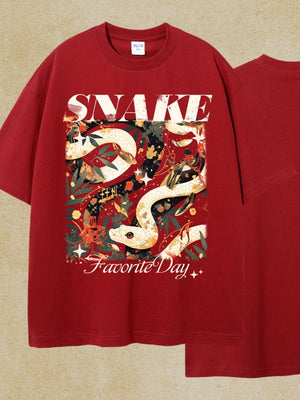 Deep Red oversized tee with a bold snake graphic and "Favorite Day" text.