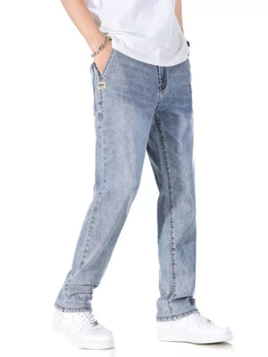 Men's Classic Straight Fit Washed Jeans in Light Blue, model styling view