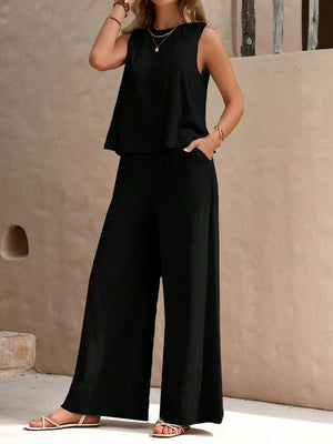 Black linen tank top and wide-leg palazzo pants set with pockets