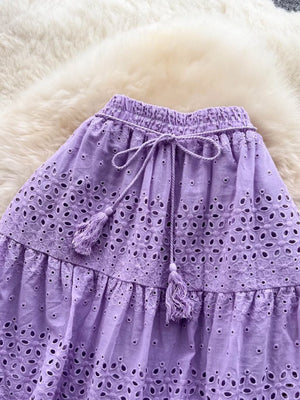 Purple eyelet tiered maxi skirt with drawstring and tassels