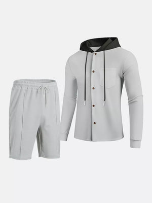 Men's Casual Hooded Button-up Shirt And Shorts Set, product detail