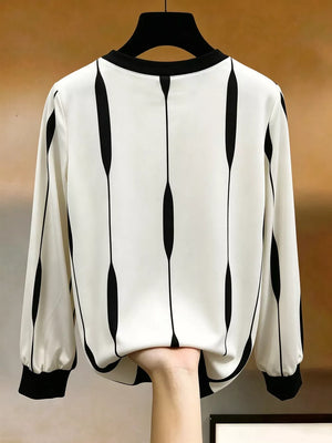 Contrast Vertical Stripe Long Sleeve Blouse in White, side view
