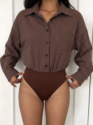 Striped Button-up Bodysuit in Brown, model styling view