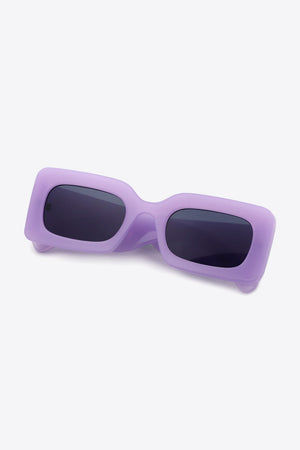 Lavender acetate rectangle sunglasses with dark lenses.
