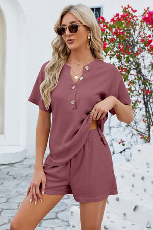 Waffle knit henley short set in rust with button detail and elastic waist shorts.