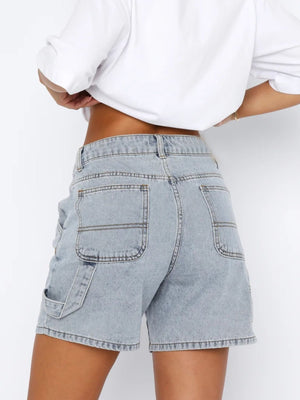 Light blue denim carpenter shorts with back pockets and a utility loop.