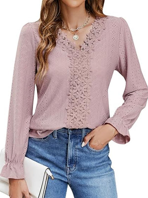 Dusty pink eyelet blouse with floral embroidery and ruffle cuffs