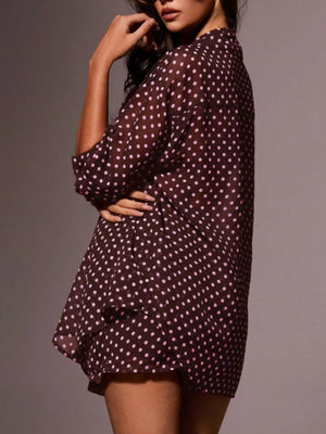 Burgundy polka dot sheer two-piece set with a ruffled hem skirt.