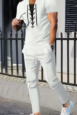Men's Full Size Lace-up Front Top And Pants Set, product detail