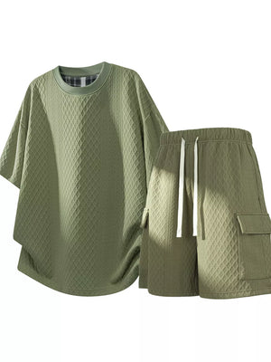 Men's Plus Size Textured Casual Top And Shorts Set in Black, front view