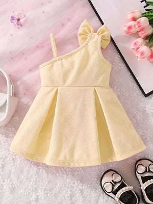 Children's Bow Asymmetrical Shoulder Dress, model styling view