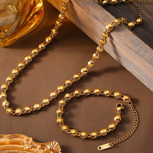 Gold orb chain necklace and bracelet set, 18K gold-plated copper jewelry.